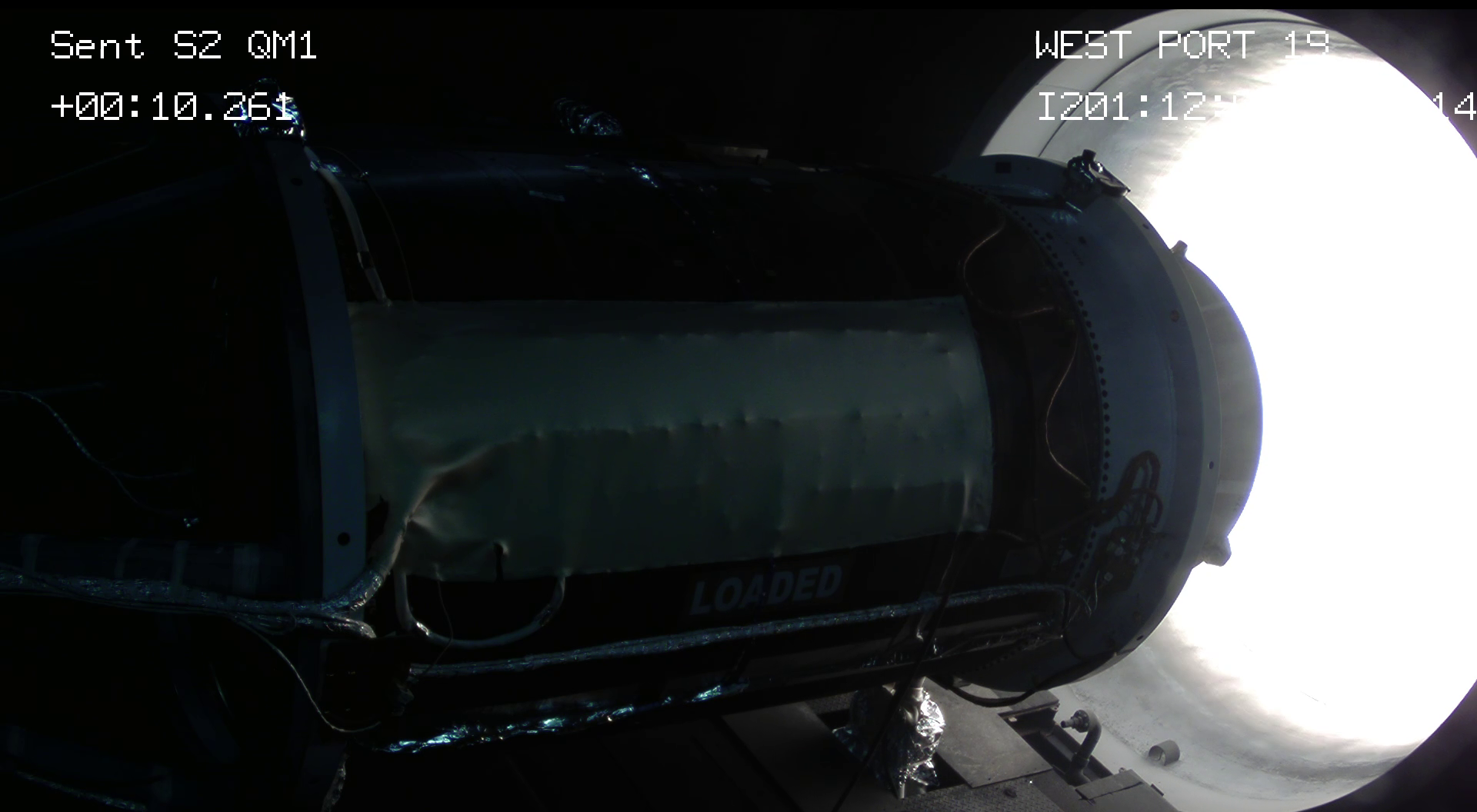 still from a test camera taken during a full-scale qualification test of the stage-two solid rocket motor for the LGM-35A Sentinel intercontinental ballistic missile